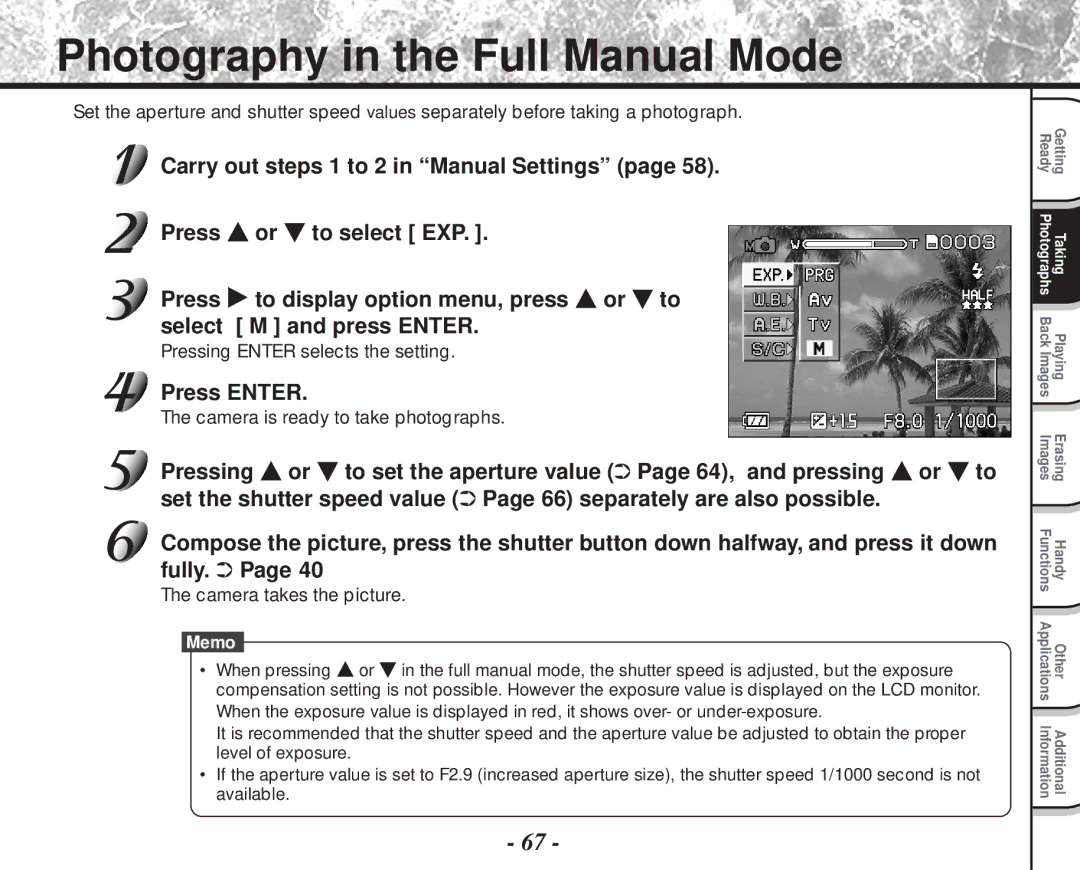 Toshiba PDR-M81 instruction manual Photography in the Full Manual Mode 