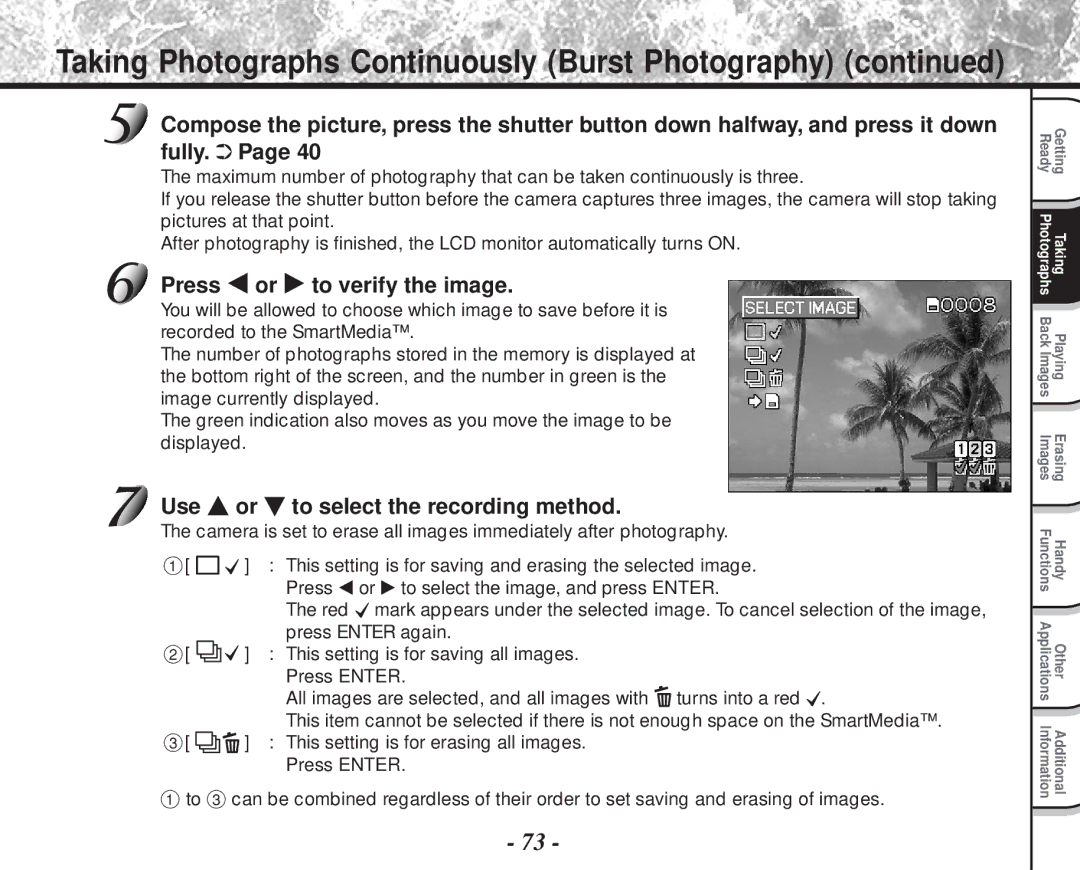 Toshiba PDR-M81 instruction manual Taking Photographs Continuously Burst Photography, Press or to verify the image 