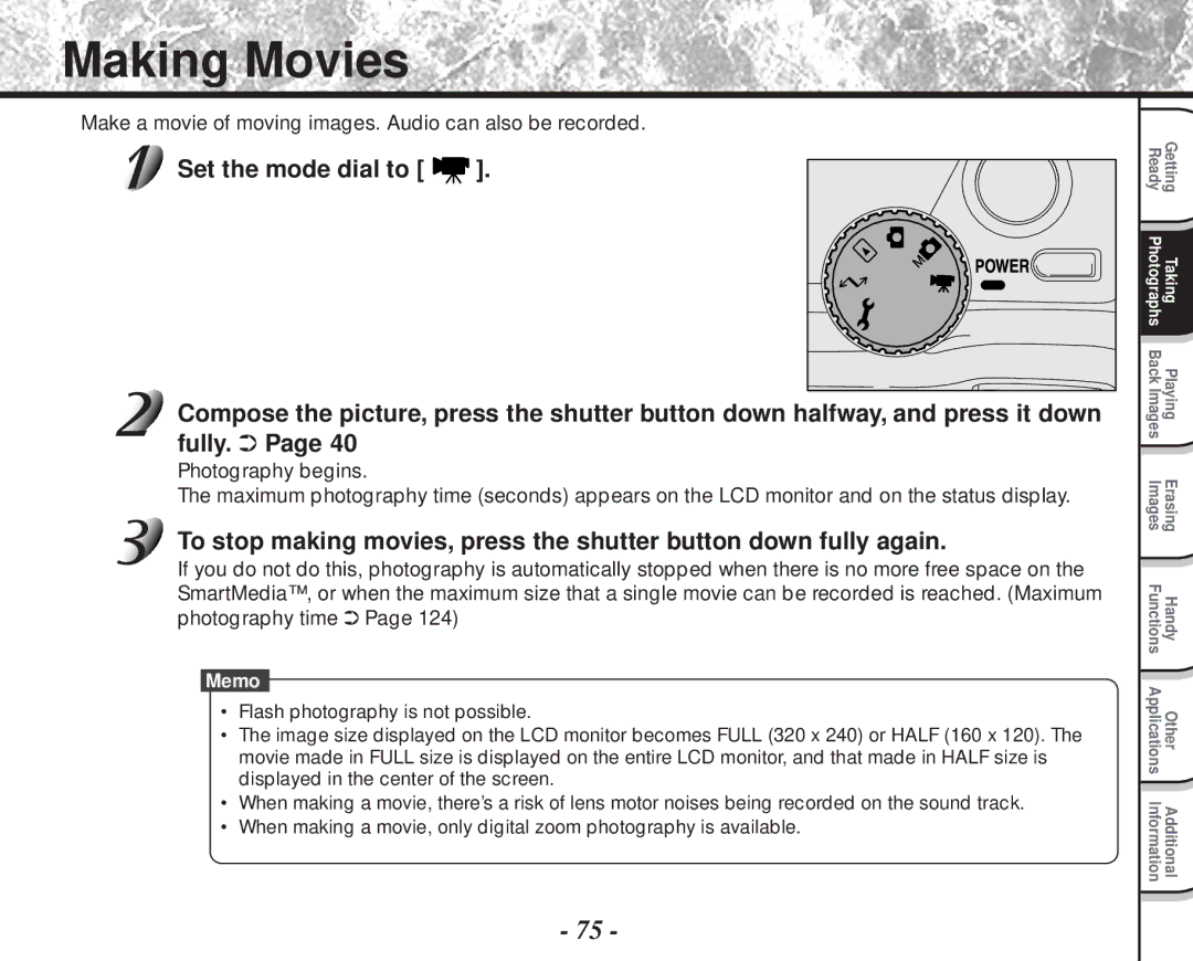 Toshiba PDR-M81 instruction manual Making Movies, Make a movie of moving images. Audio can also be recorded 