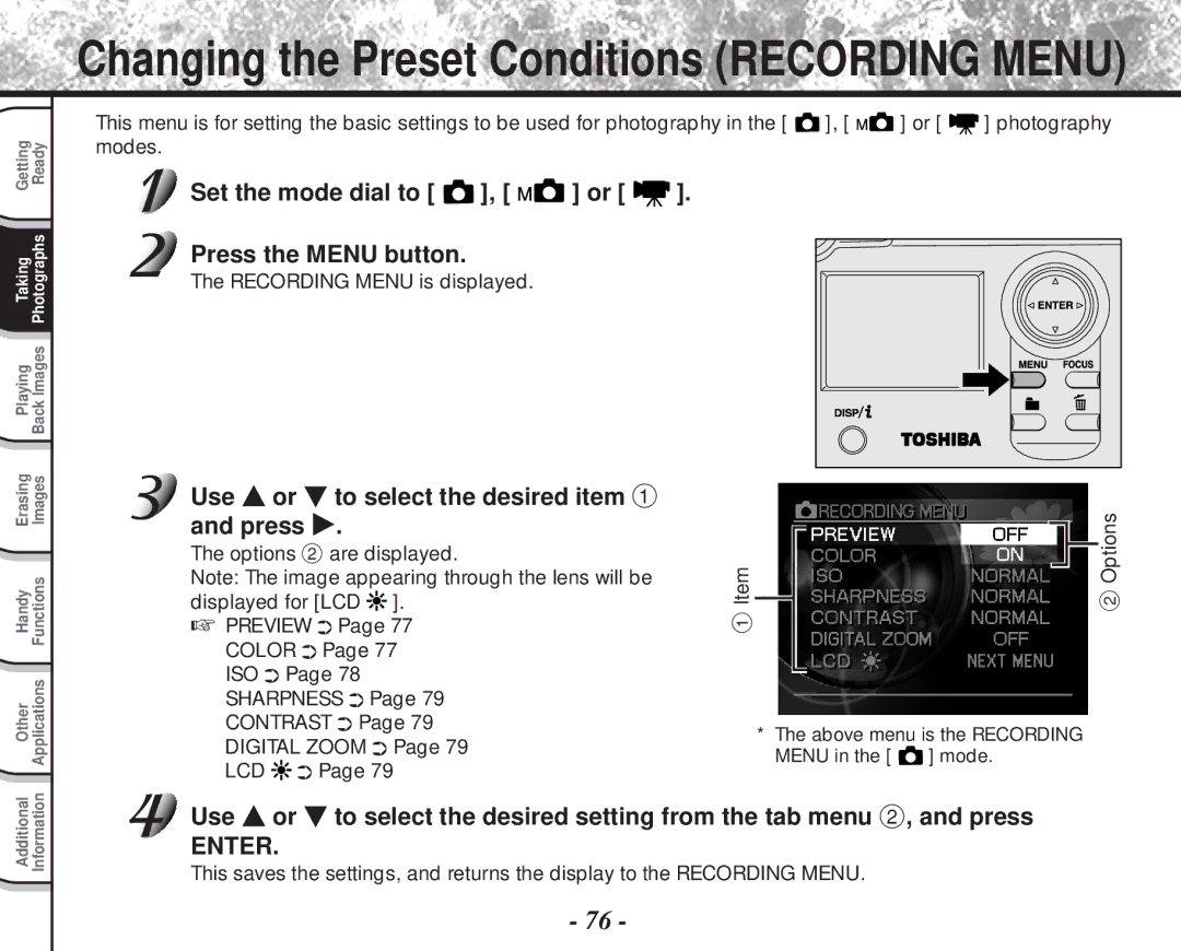 Toshiba PDR-M81 Set the mode dial to , or Press the Menu button, Use or to select the desired item 1 and press 