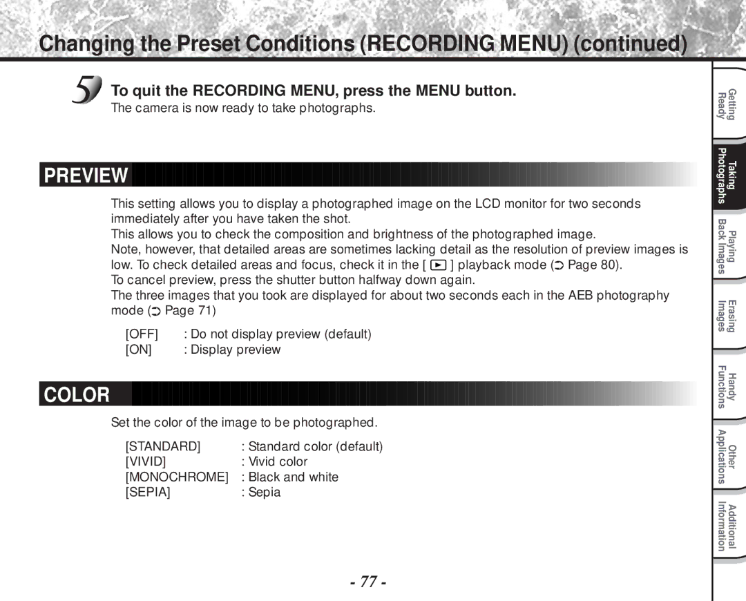 Toshiba PDR-M81 Changing the Preset Conditions Recording Menu, To quit the Recording MENU, press the Menu button 