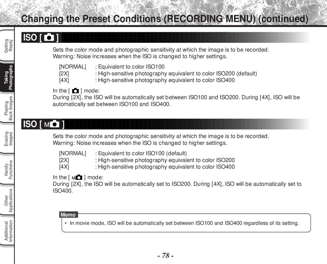 Toshiba PDR-M81 instruction manual Iso, Equivalent to color ISO100, High-sensitive photography equivalent to color ISO400 