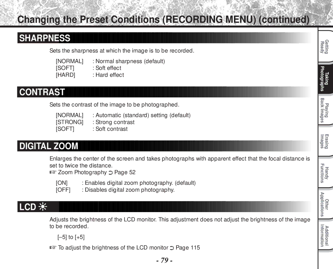 Toshiba PDR-M81 instruction manual Sharpness, Lcd 