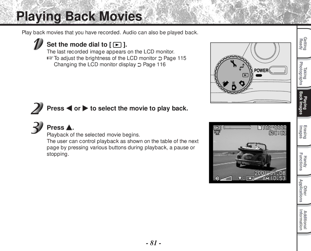 Toshiba PDR-M81 instruction manual Playing Back Movies, Press or to select the movie to play back 