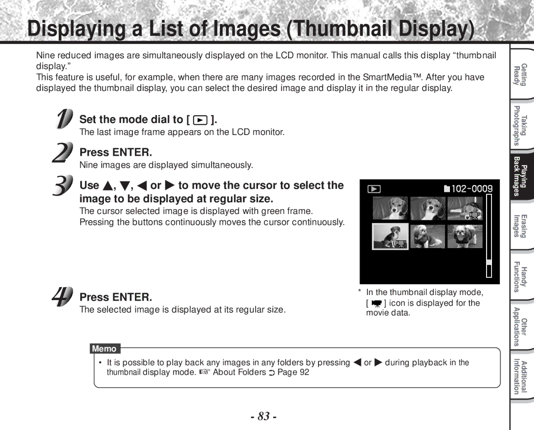 Toshiba PDR-M81 instruction manual Last image frame appears on the LCD monitor, Nine images are displayed simultaneously 