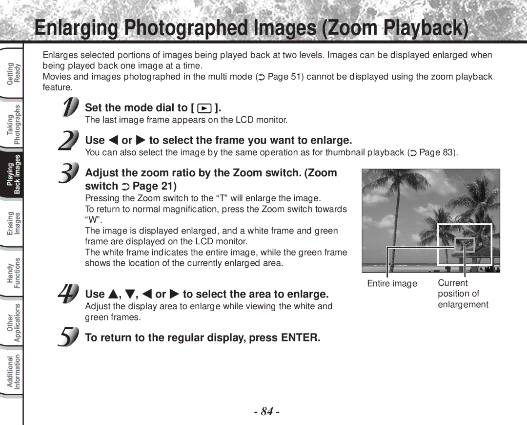 Toshiba PDR-M81 Use or to select the frame you want to enlarge, Adjust the zoom ratio by the Zoom switch. Zoom switch 