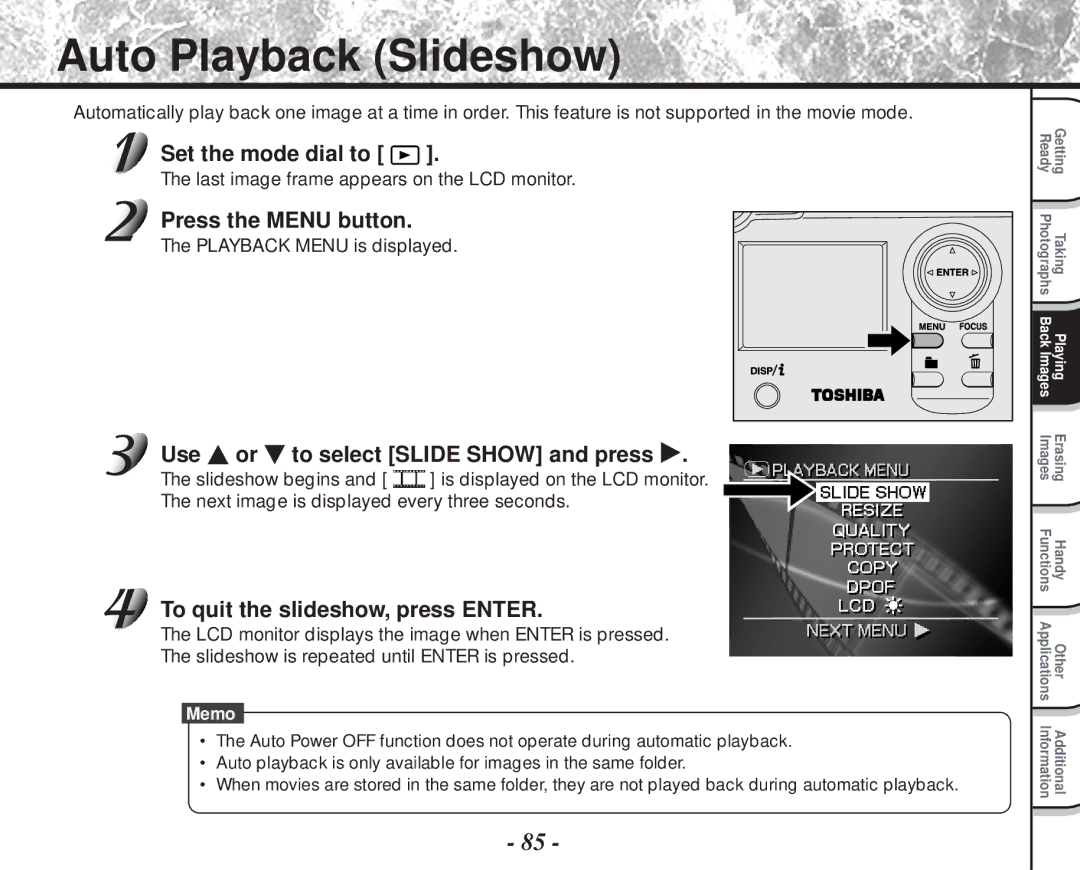 Toshiba PDR-M81 instruction manual Auto Playback Slideshow, Use To select Slide Show and press 