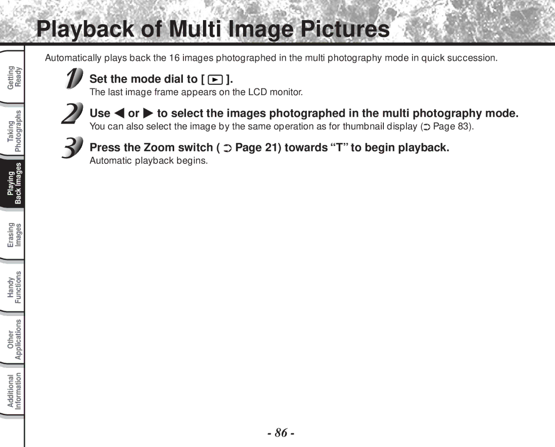 Toshiba PDR-M81 Playback of Multi Image Pictures, Press the Zoom switch Page 21 towards T to begin playback 