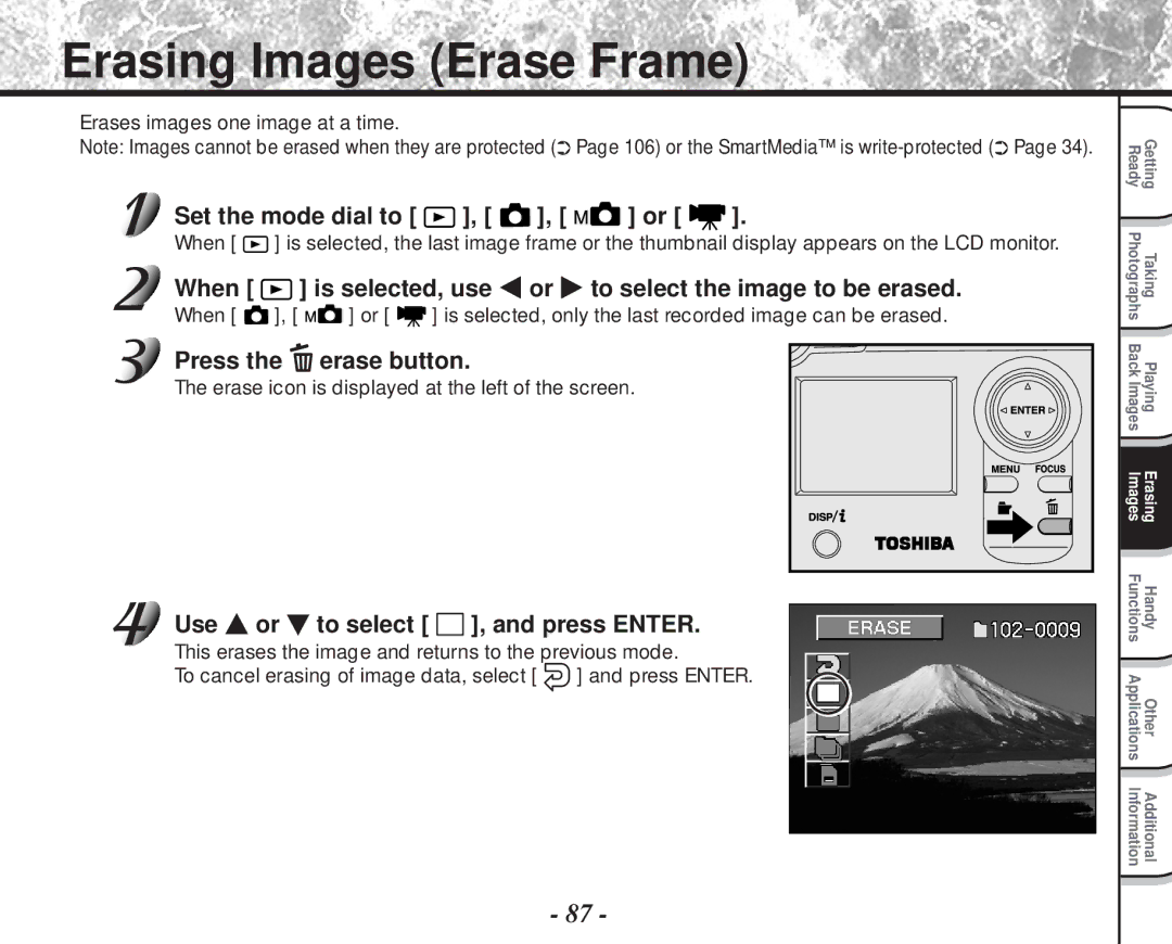 Toshiba PDR-M81 Erasing Images Erase Frame, When Is selected, use To select the image to be erased, Press Erase button 