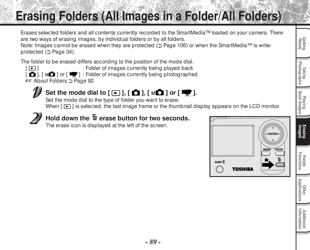 Toshiba PDR-M81 instruction manual Hold down Erase button for two seconds, About Folders 