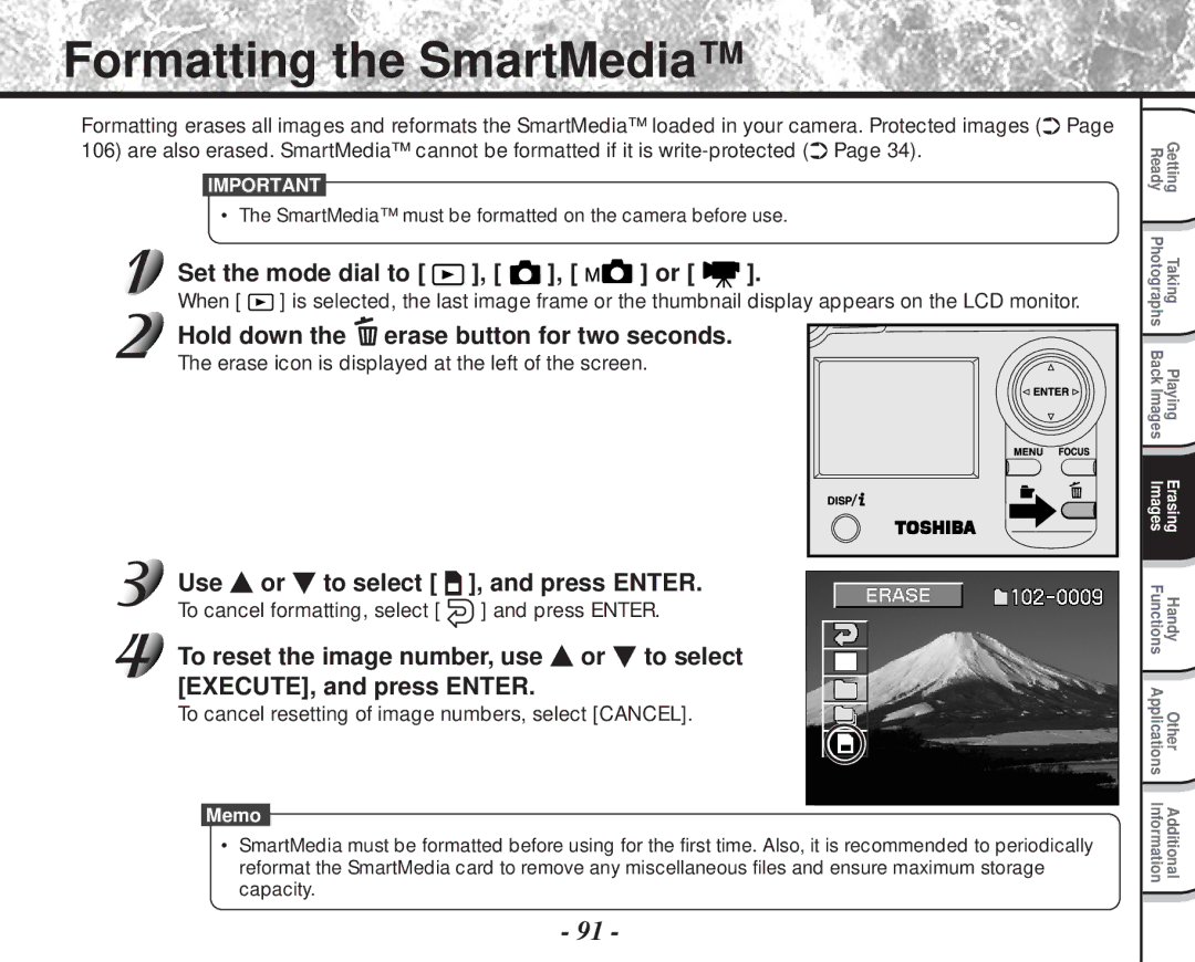 Toshiba PDR-M81 instruction manual Formatting the SmartMedia, Use or to select Press Enter 