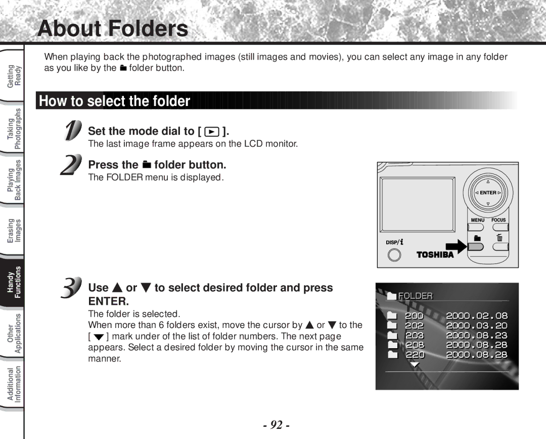 Toshiba PDR-M81 About Folders, How to select the folder, Press the folder button, Folder menu is displayed 