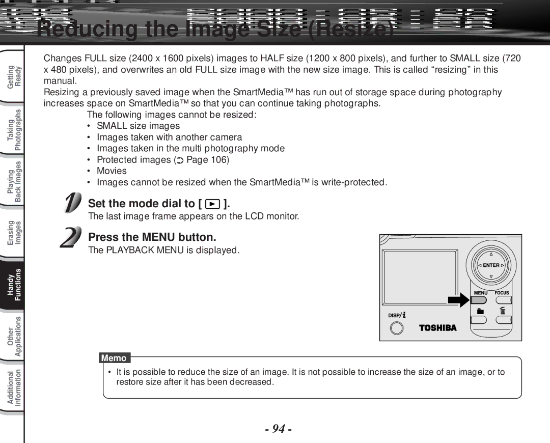 Toshiba PDR-M81 instruction manual Reducing the Image Size Resize, Playback Menu is displayed 