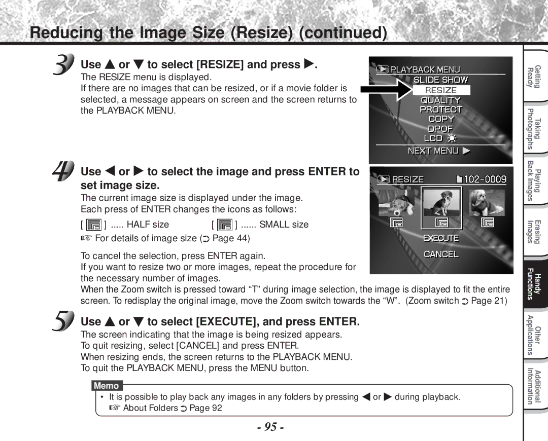 Toshiba PDR-M81 instruction manual Reducing the Image Size Resize, Use or to select Resize and press 