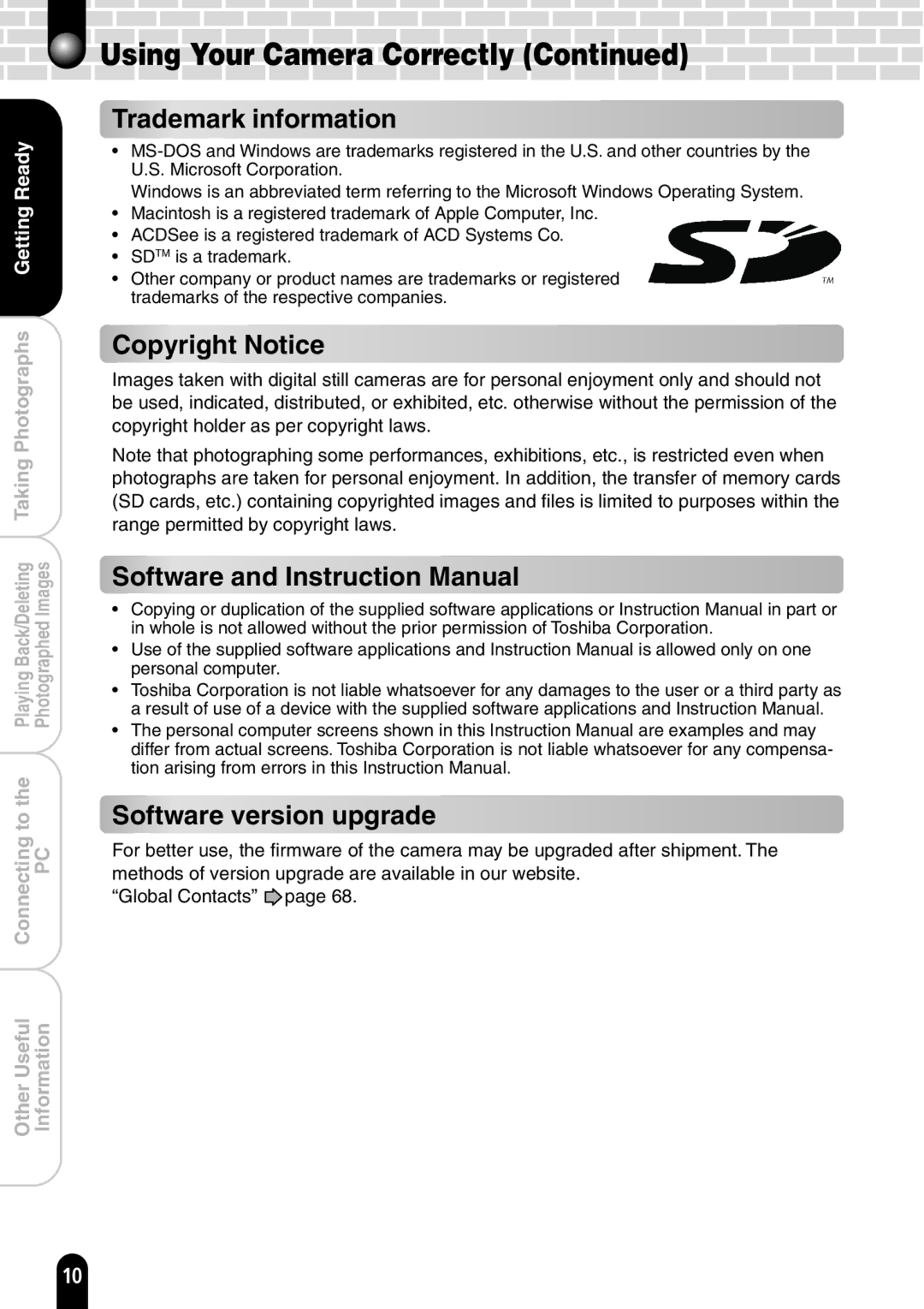 Toshiba PDR-T20 instruction manual Trademark information, Copyright Notice, Software version upgrade 