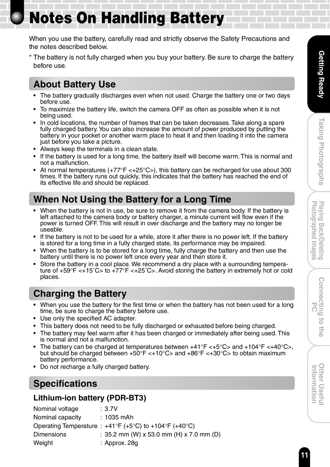 Toshiba PDR-T20 About Battery Use, When Not Using the Battery for a Long Time, Charging the Battery, Specifications 