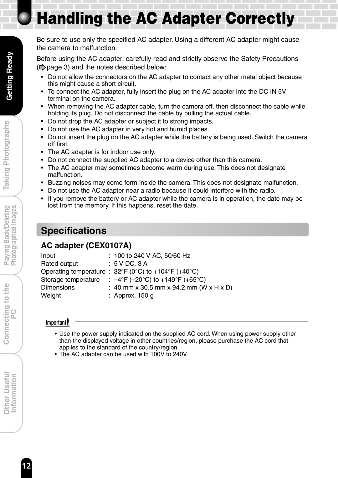 Toshiba PDR-T20 instruction manual Handling the AC Adapter Correctly, AC adapter CEX0107A 