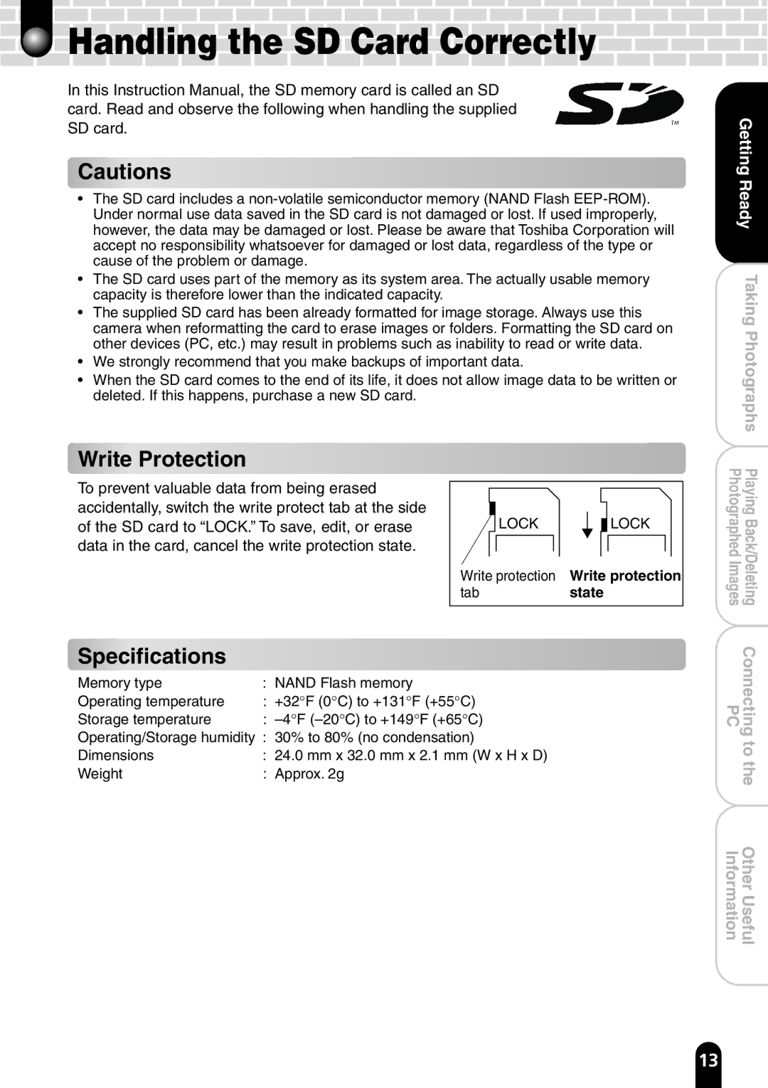 Toshiba PDR-T20 instruction manual Write Protection, Write protection, State 