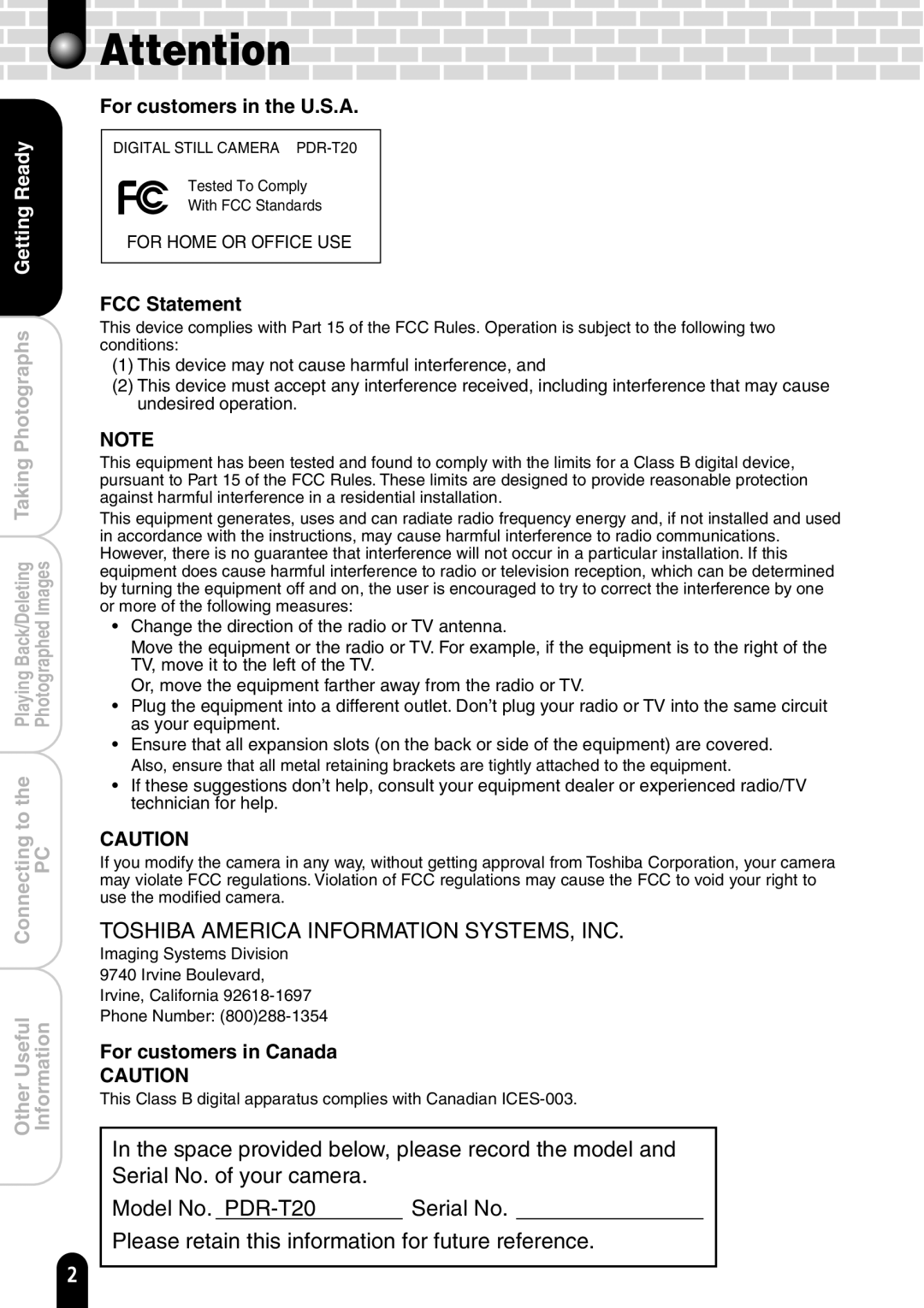 Toshiba PDR-T20 instruction manual ReadyGetting, PhotographsTaking 