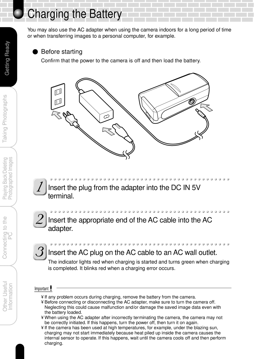 Toshiba PDR-T20 instruction manual Charging the Battery 