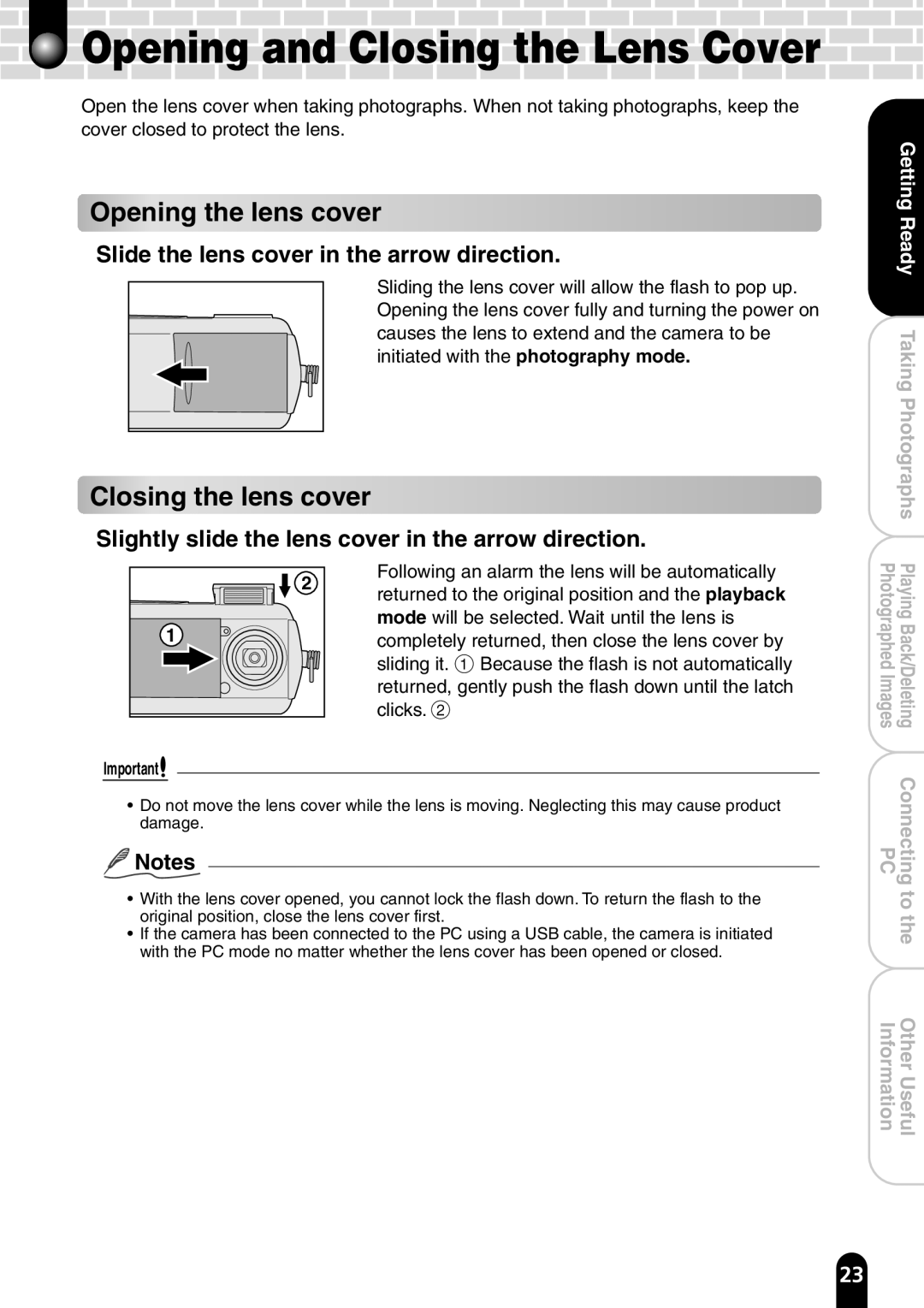 Toshiba PDR-T20 Opening the lens cover, Closing the lens cover, Slide the lens cover in the arrow direction 