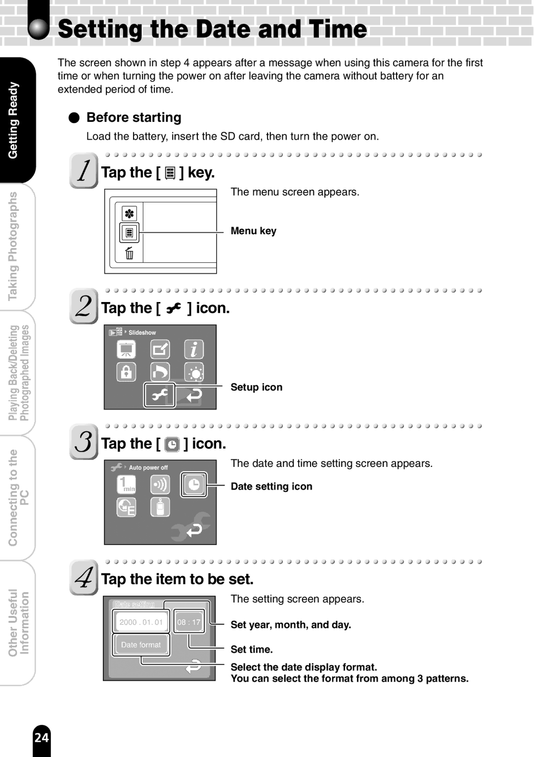 Toshiba PDR-T20 instruction manual Setting the Date and Time, Tap the key, Tap the icon, Tap Icon, Tap the item to be set 