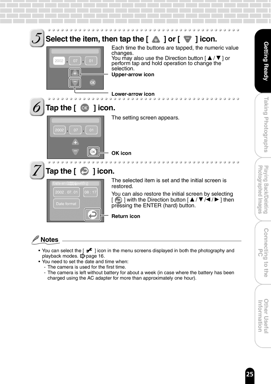 Toshiba PDR-T20 instruction manual Select the item, then tap the or icon, Upper-arrow icon, OK icon, Return icon 