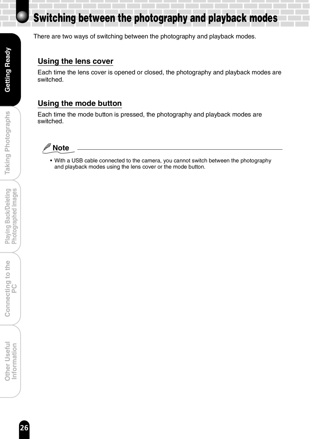 Toshiba PDR-T20 instruction manual Using the lens cover, Using the mode button 