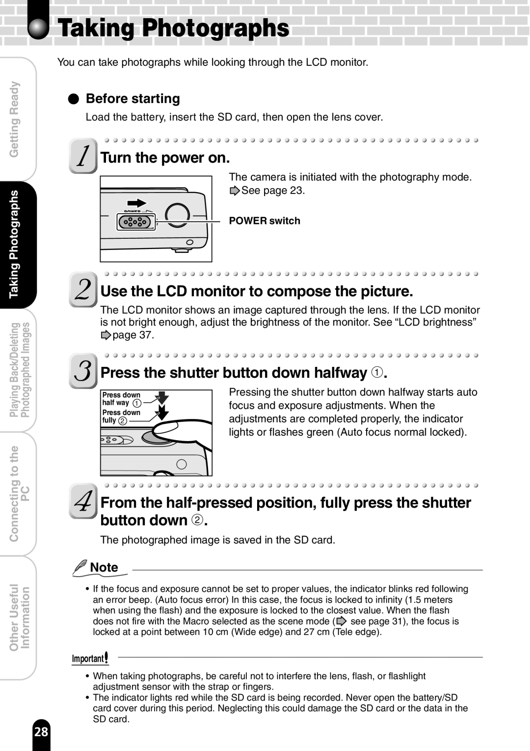 Toshiba PDR-T20 instruction manual Turn the power on, Photographs, Taking 