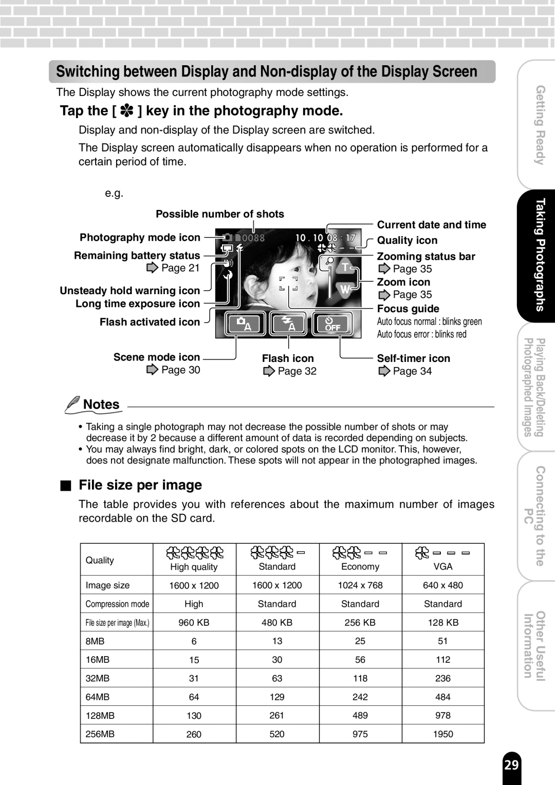 Toshiba PDR-T20 instruction manual Tap the key in the photography mode, File size per image, TakingPhotographs 