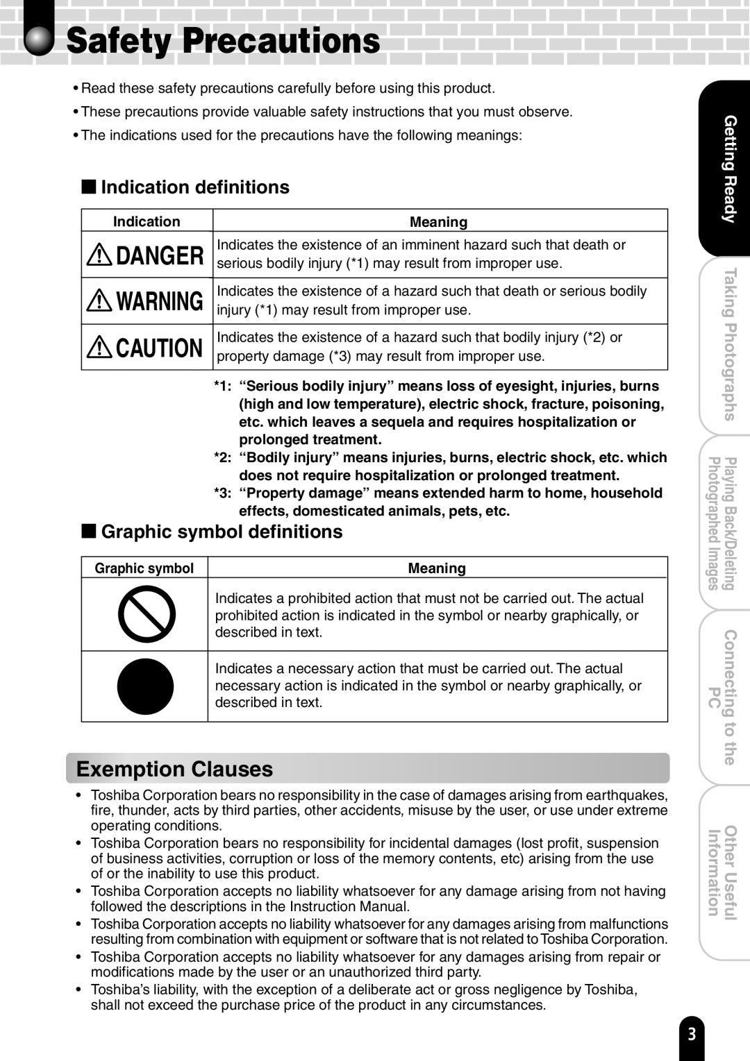 Toshiba PDR-T20 Exemption Clauses, Indication definitions, Graphic symbol definitions, Indication Meaning 