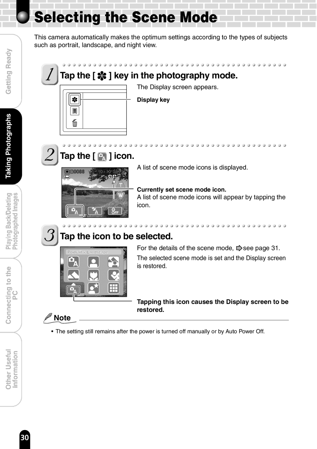 Toshiba PDR-T20 Selecting the Scene Mode, Tap the key in the photography mode, Display key, Currently set scene mode icon 