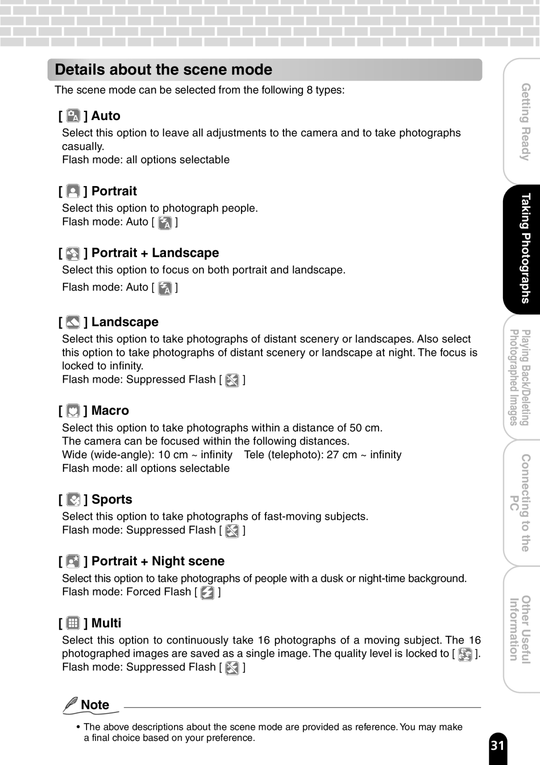 Toshiba PDR-T20 instruction manual Details about the scene mode 