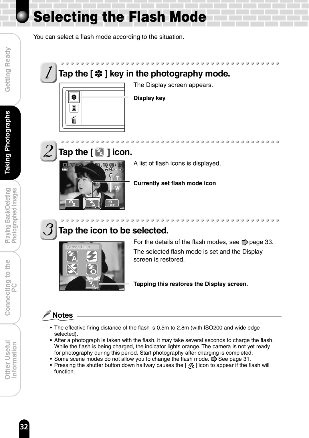 Toshiba PDR-T20 instruction manual Selecting the Flash Mode, Tap the icon to be selected, List of flash icons is displayed 