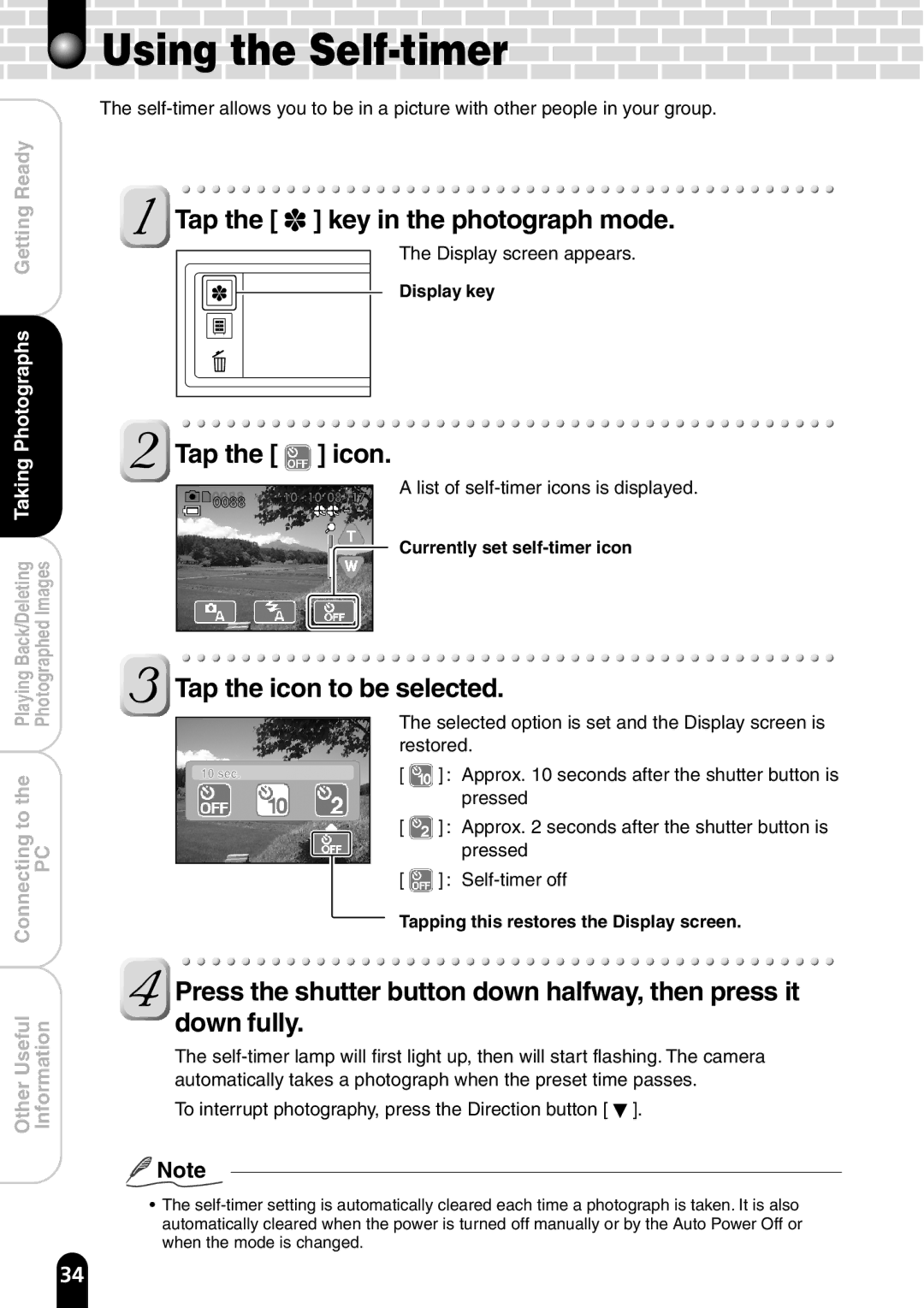 Toshiba PDR-T20 instruction manual Tap the key in the photograph mode, Currently set self-timer icon 