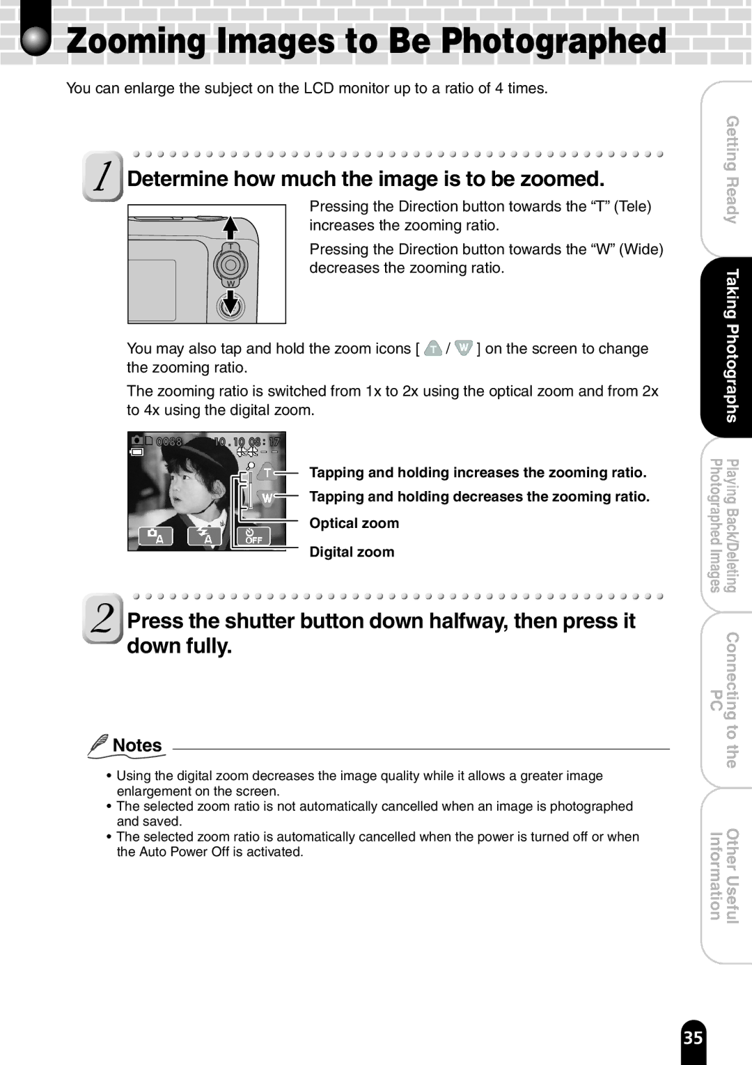 Toshiba PDR-T20 instruction manual Zooming Images to Be Photographed, Determine how much the image is to be zoomed 