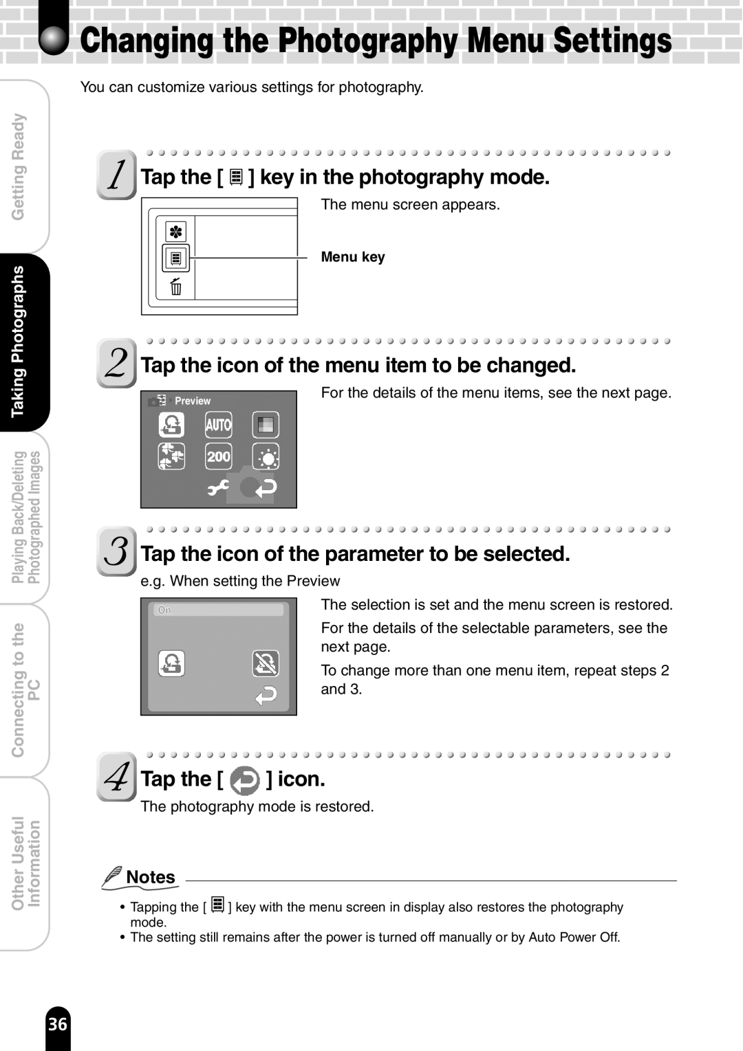 Toshiba PDR-T20 instruction manual Changing the Photography Menu Settings, Tap the icon of the menu item to be changed 