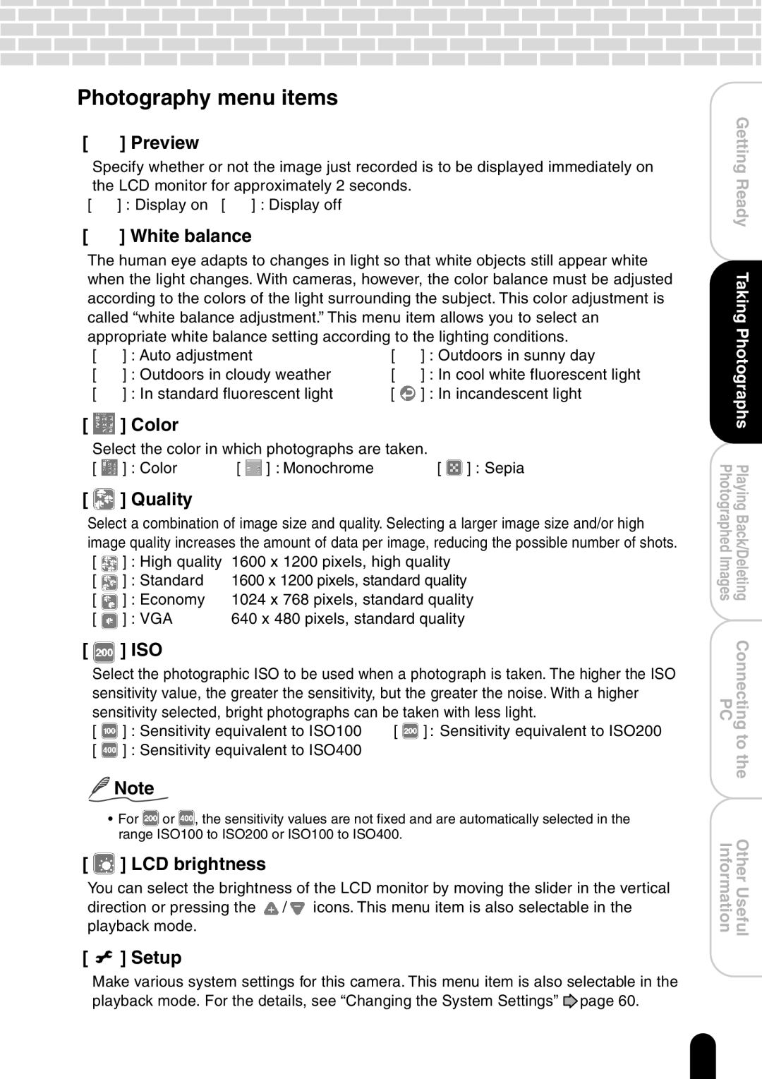 Toshiba PDR-T20 instruction manual Photography menu items 