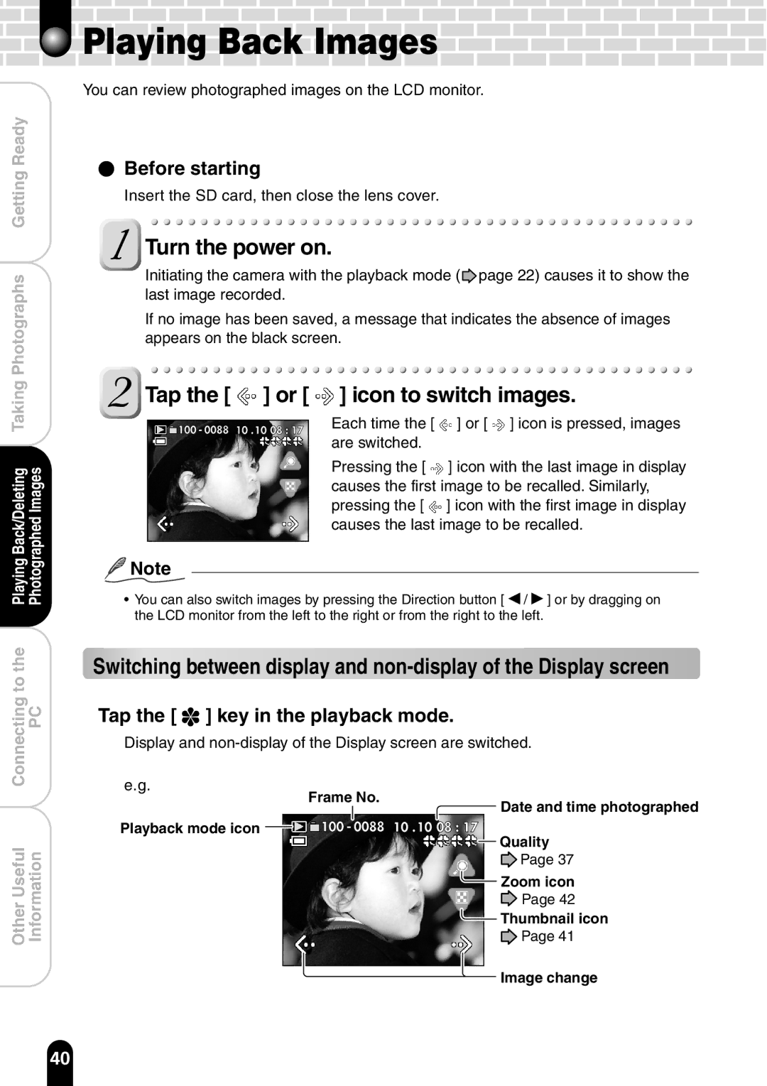 Toshiba PDR-T20 instruction manual Playing Back Images, Icon to switch images, Tap the key in the playback mode 