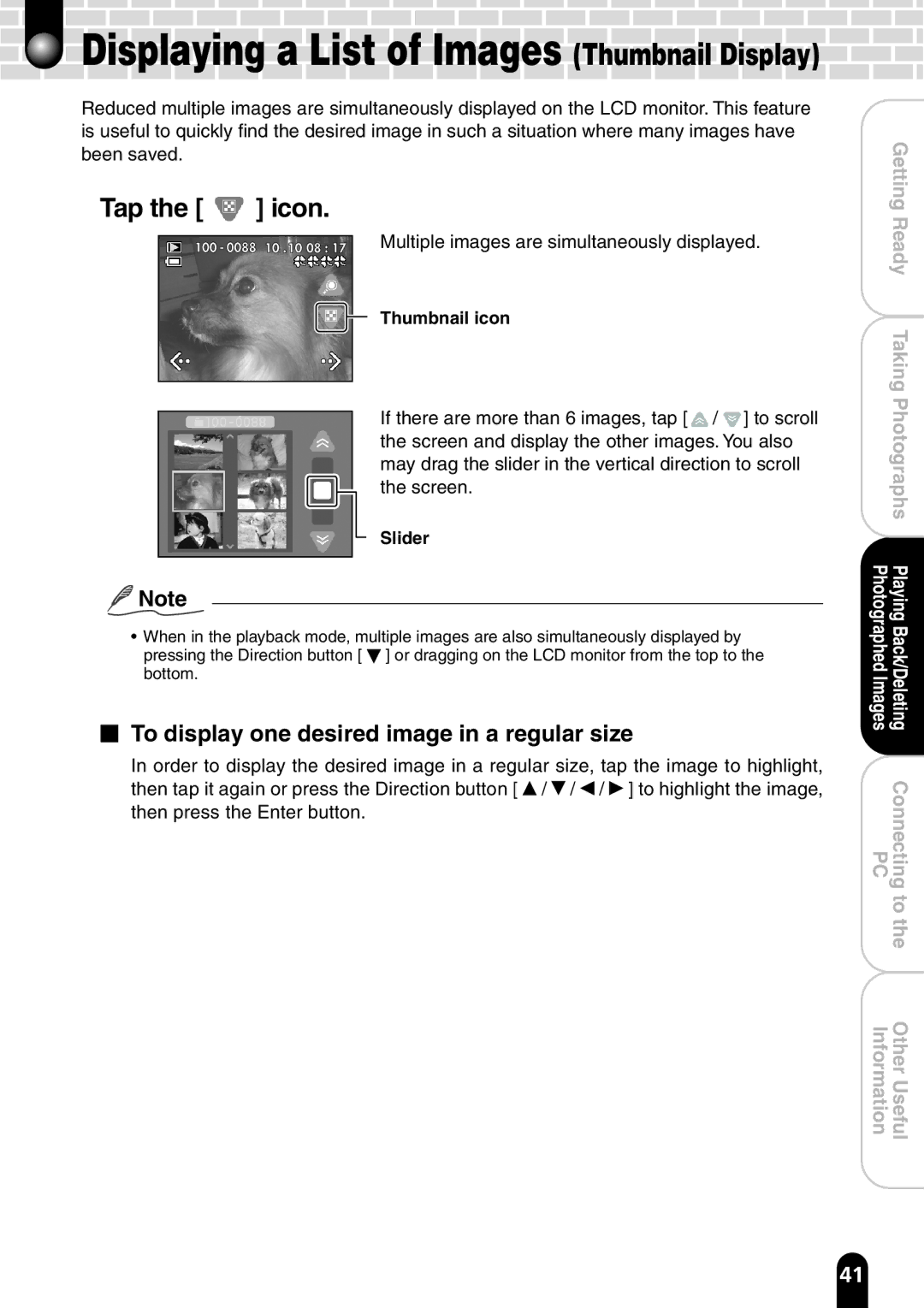 Toshiba PDR-T20 instruction manual To display one desired image in a regular size, Slider 