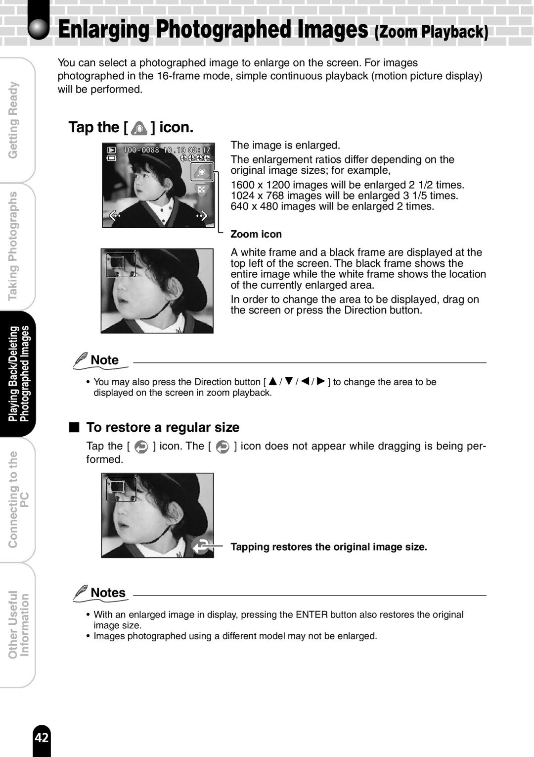 Toshiba PDR-T20 instruction manual Enlarging Photographed Images Zoom Playback, To restore a regular size 