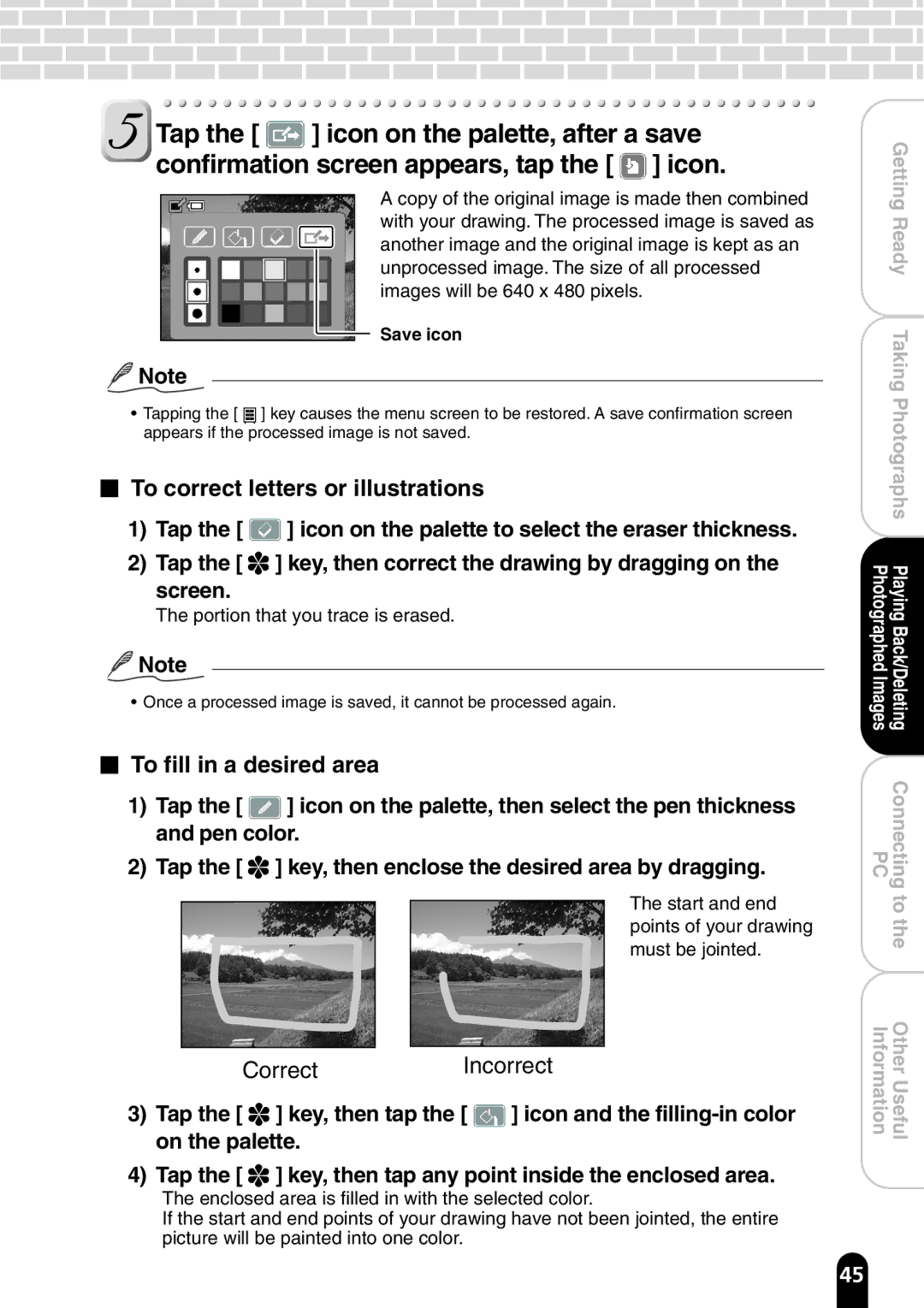 Toshiba PDR-T20 instruction manual To correct letters or illustrations, To fill in a desired area, Save icon 