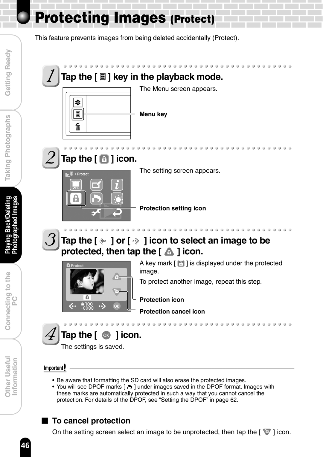 Toshiba PDR-T20 instruction manual Protecting Images Protect, To cancel protection, Protection setting icon 