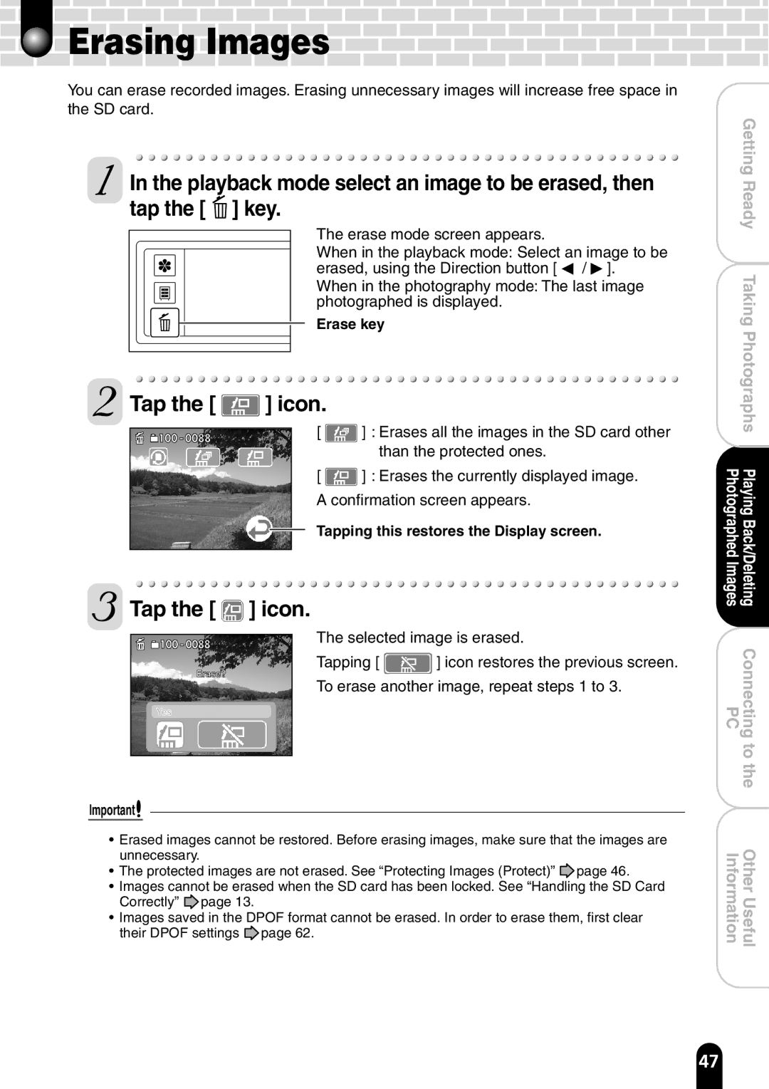 Toshiba PDR-T20 instruction manual Erasing Images 