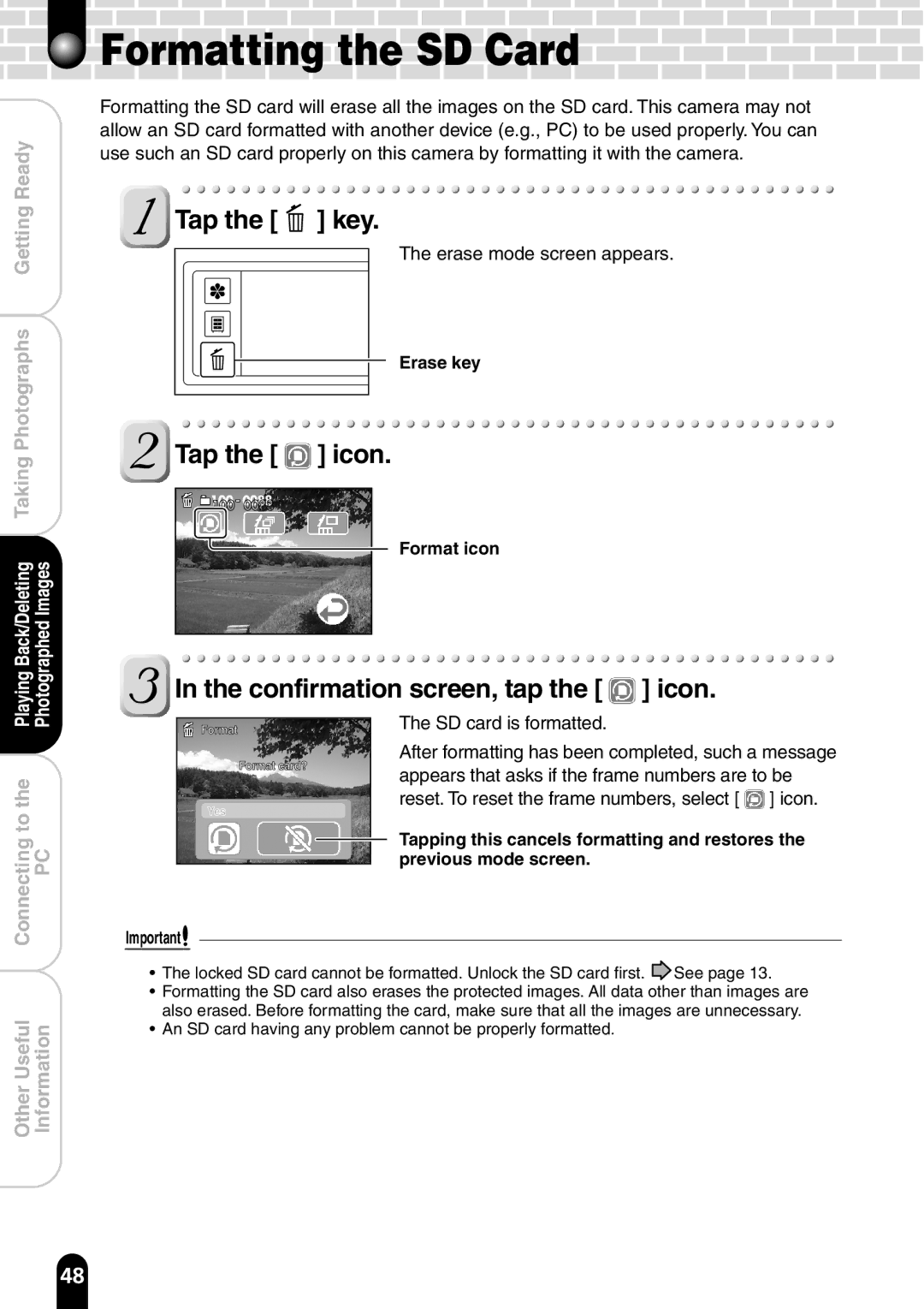 Toshiba PDR-T20 instruction manual Formatting the SD Card, Confirmation screen, tap the icon, Format icon 