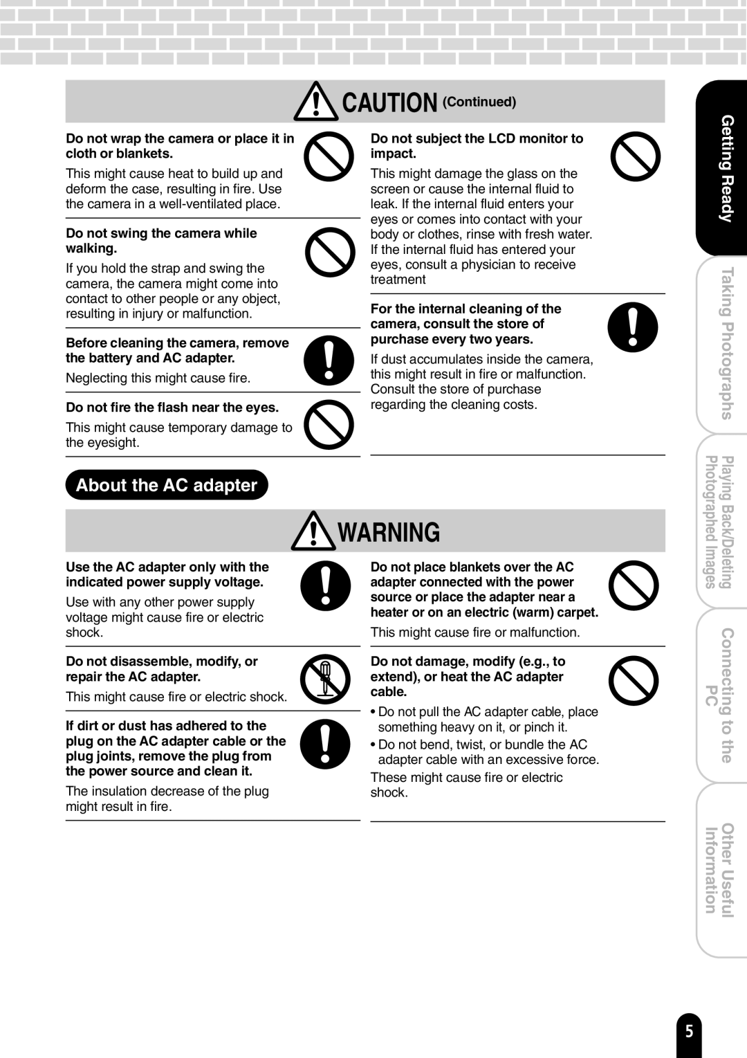 Toshiba PDR-T20 instruction manual About the AC adapter 