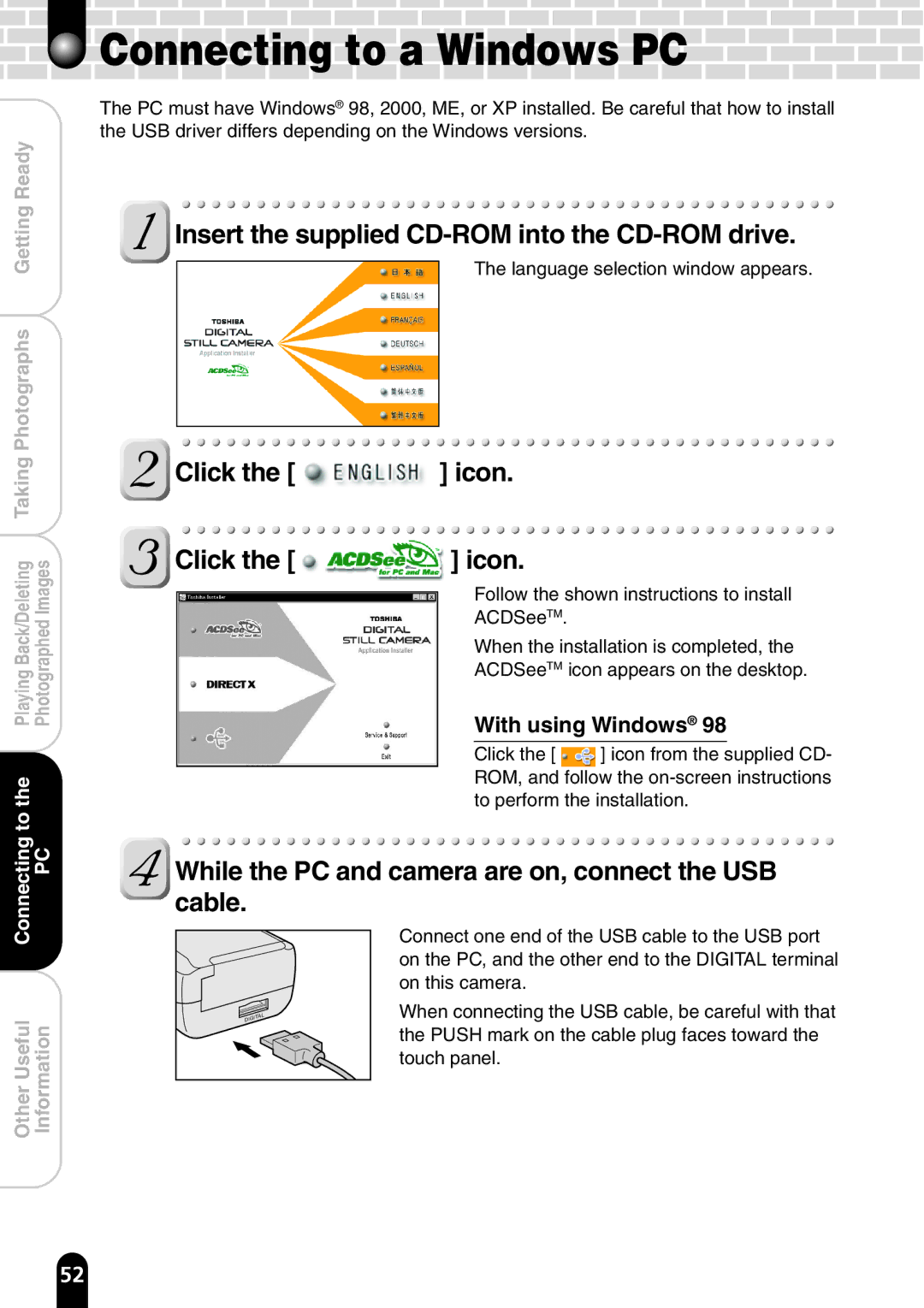 Toshiba PDR-T20 Connecting to a Windows PC, Insert the supplied CD-ROM into the CD-ROM drive, Click the icon 