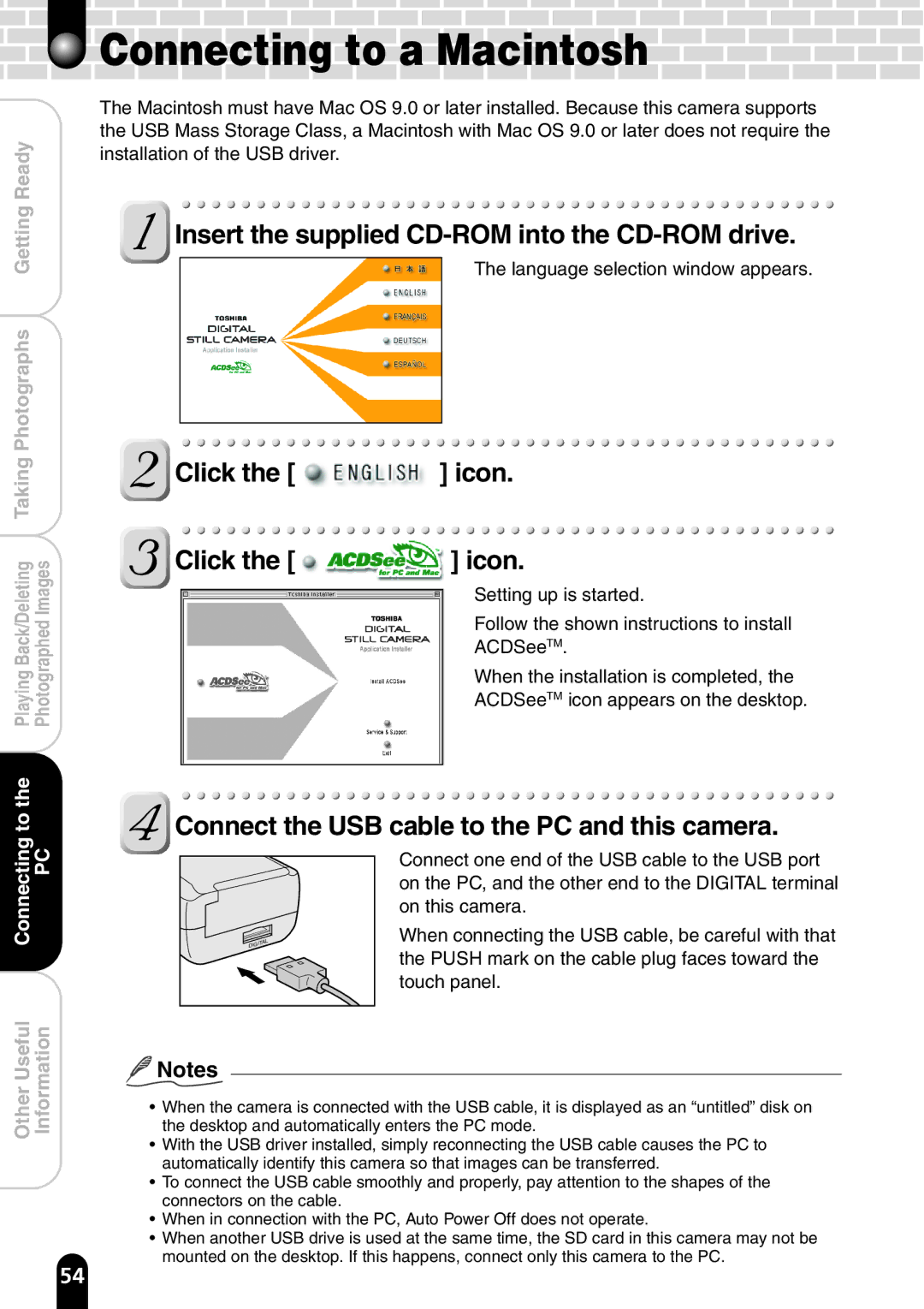 Toshiba PDR-T20 instruction manual Connecting to a Macintosh, Connect the USB cable to the PC and this camera 