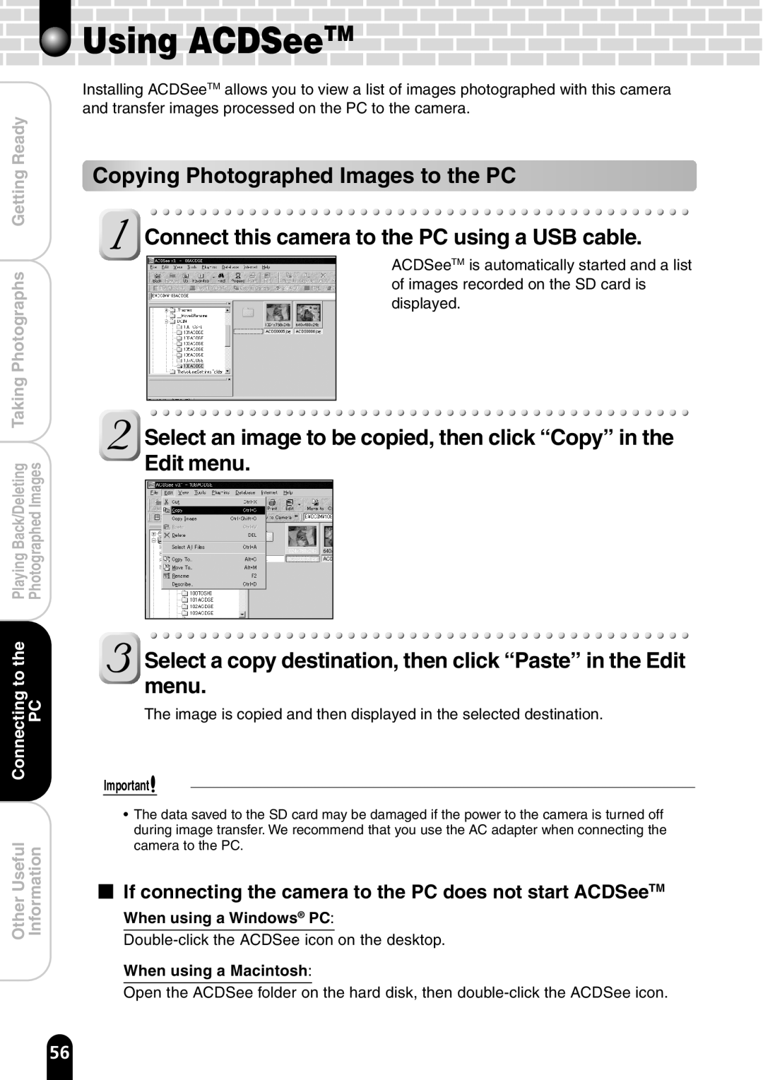 Toshiba PDR-T20 instruction manual If connecting the camera to the PC does not start ACDSeeTM, When using a Windows PC 