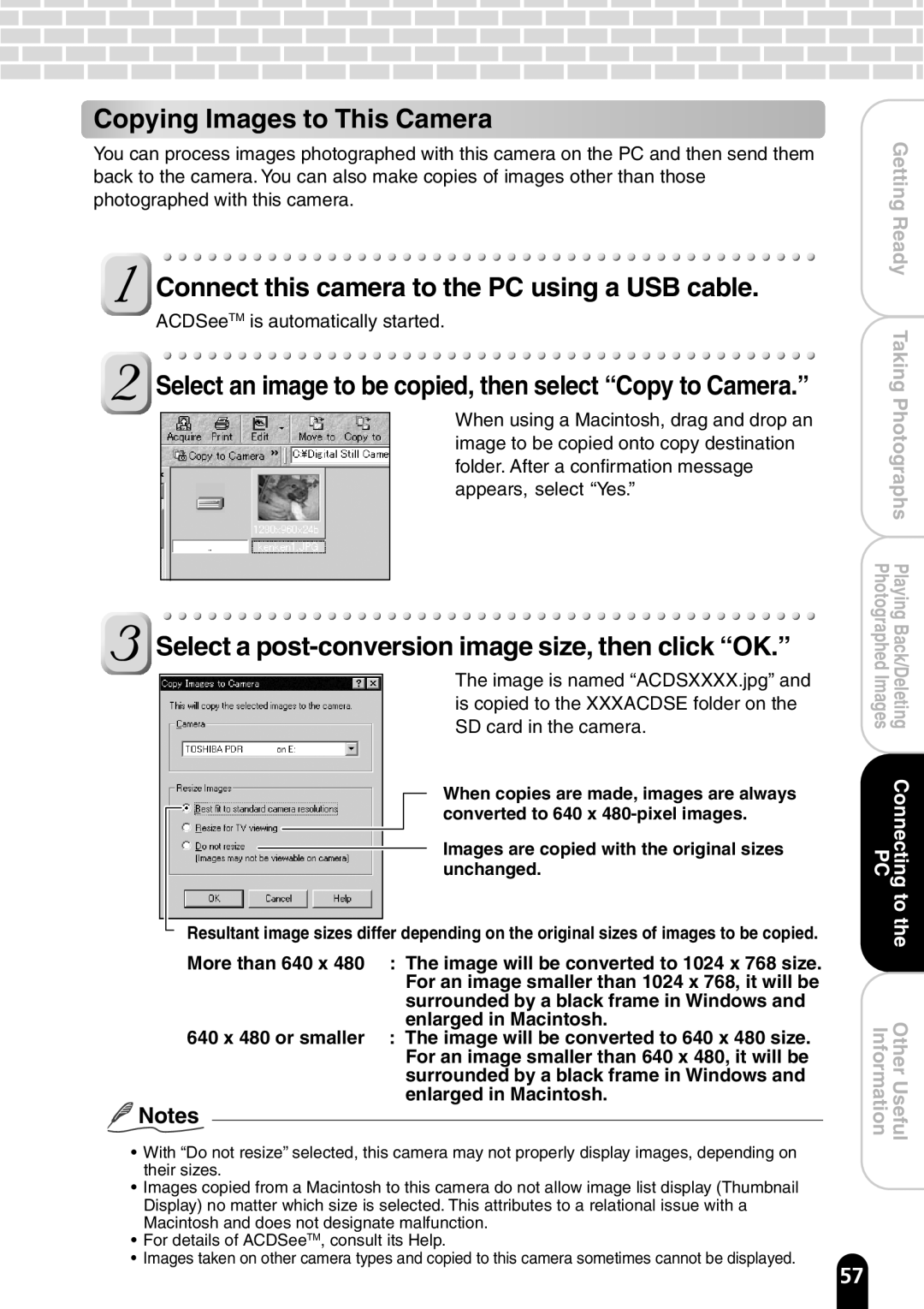 Toshiba PDR-T20 instruction manual Copying Images to This Camera, Select a post-conversion image size, then click OK 